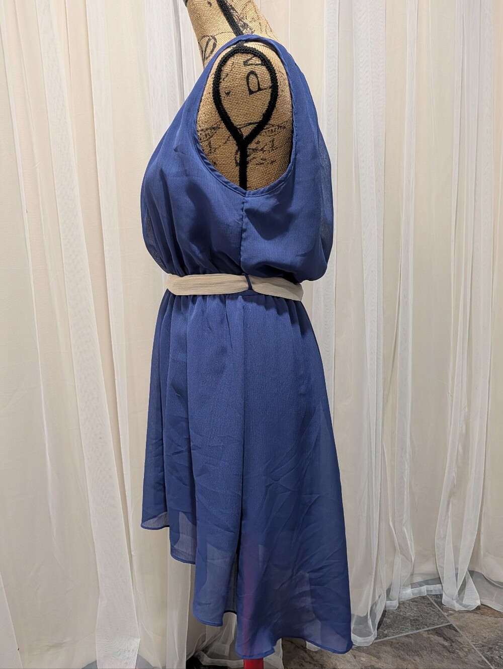 Navy High-Low Chiffon Dress with Cream Tie - Picture 5 of 7